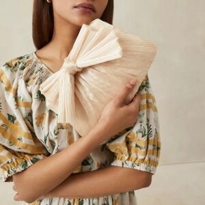 Loeffler Randall Rayne Plissé Clutch Purse Almond Detachable Gold Chain NWT